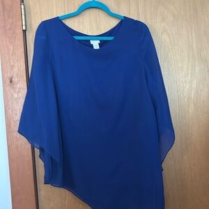Chicos Mysterious Blue Sheer Sleeve Blouse, Asymmetrical Hemline, Size 1P